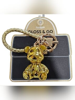 Gold Metallic Teddy Bear Shaped Keychain With Braided Leather Strap. New